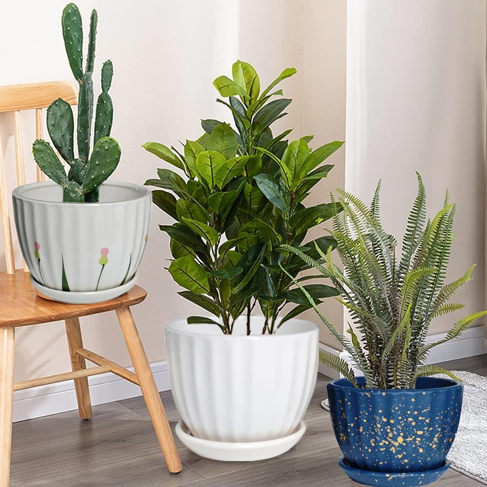 NASHRIO 3-Piece Small Ceramic Plant Pots with Drainage Holes - Indoor/Outdoor Decorative Flower Pots for Succulents, Mini Cacti, Herbs (Set of 3) (A) - C image number 4