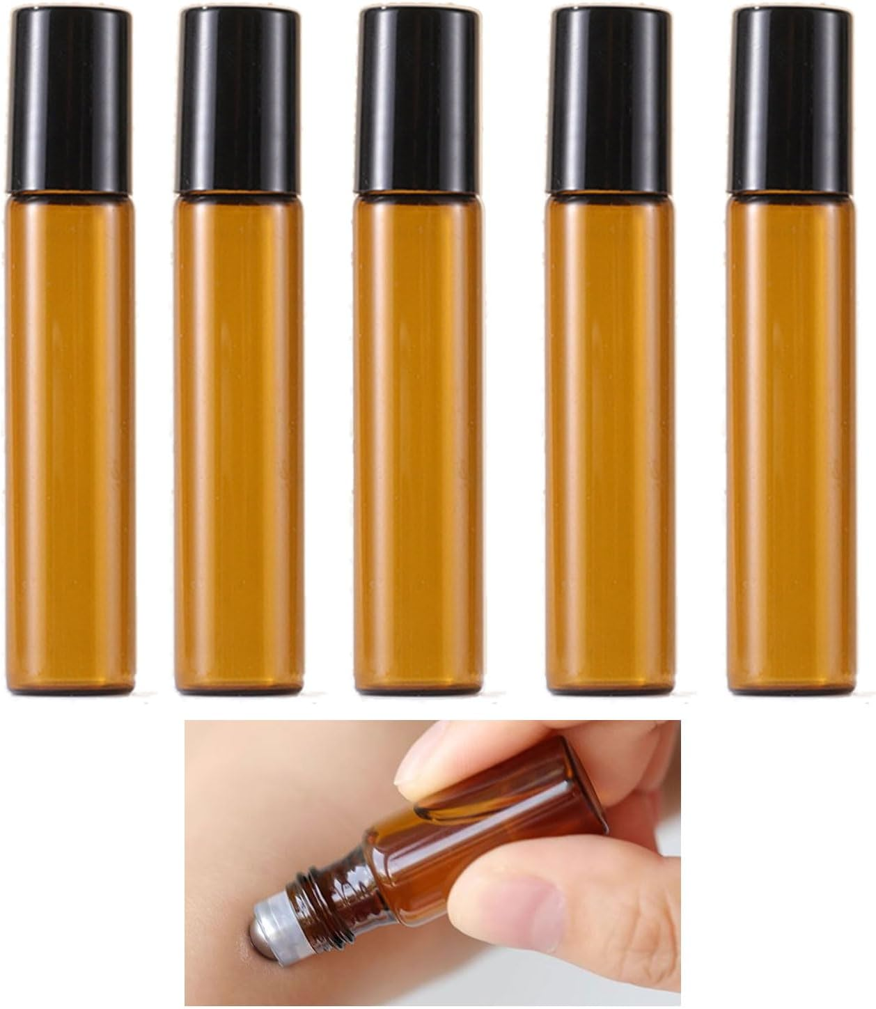 Essential Oil Bottle, 5 Pcs Perfume Oil Vial, 10 ML Massage Roller Amber Thick Glass Bottle with Massage Roller, Lids, Root Comb Applicator Vial, Perfume Travel Vial for Facial Body Care image number 1