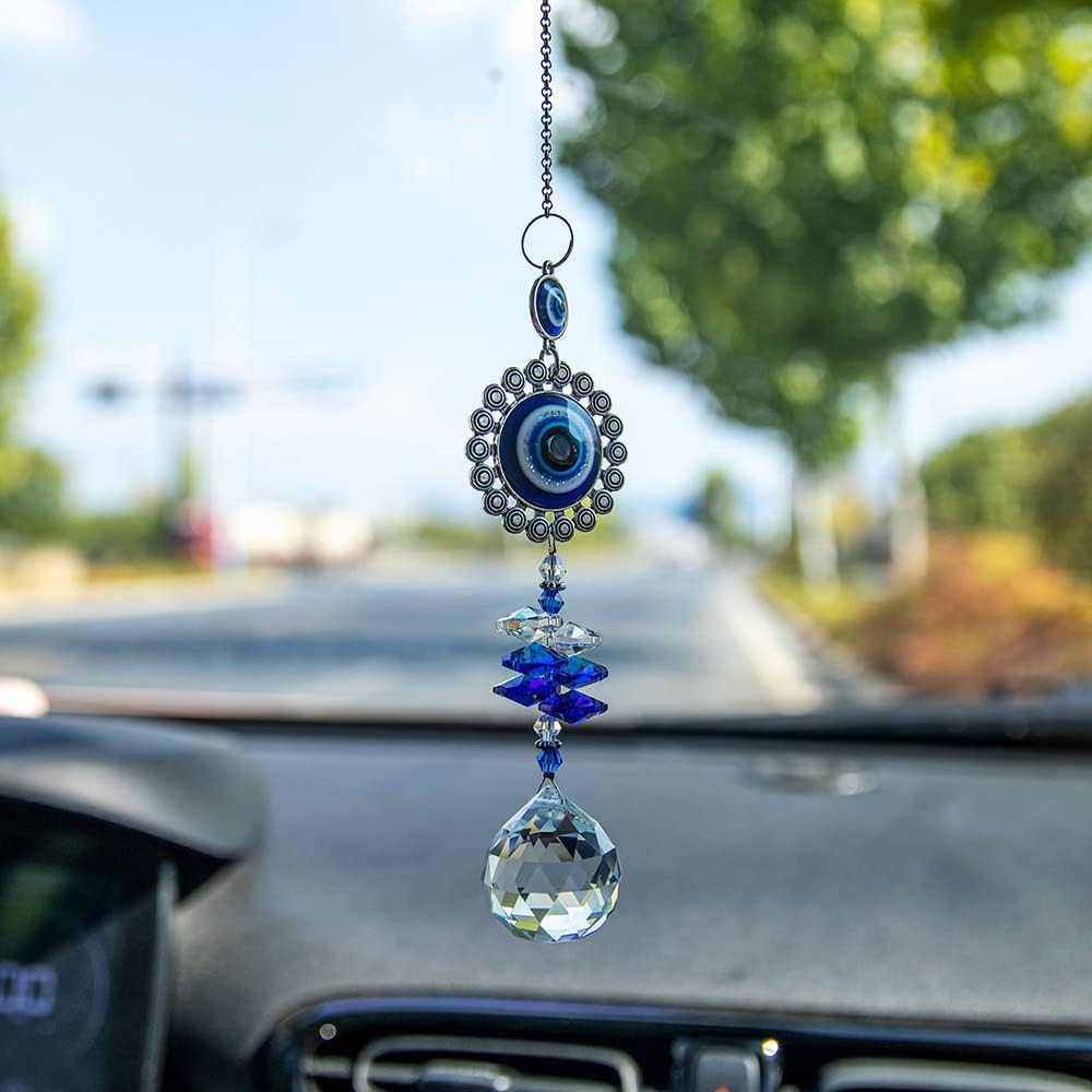 MENGSOOD Evil Eye Car Hanging Ornament for Rear View Mirror - Good Luck Charm Window Sun Catcher Amulet for Protection & Blessing (1Pcs round Blue)