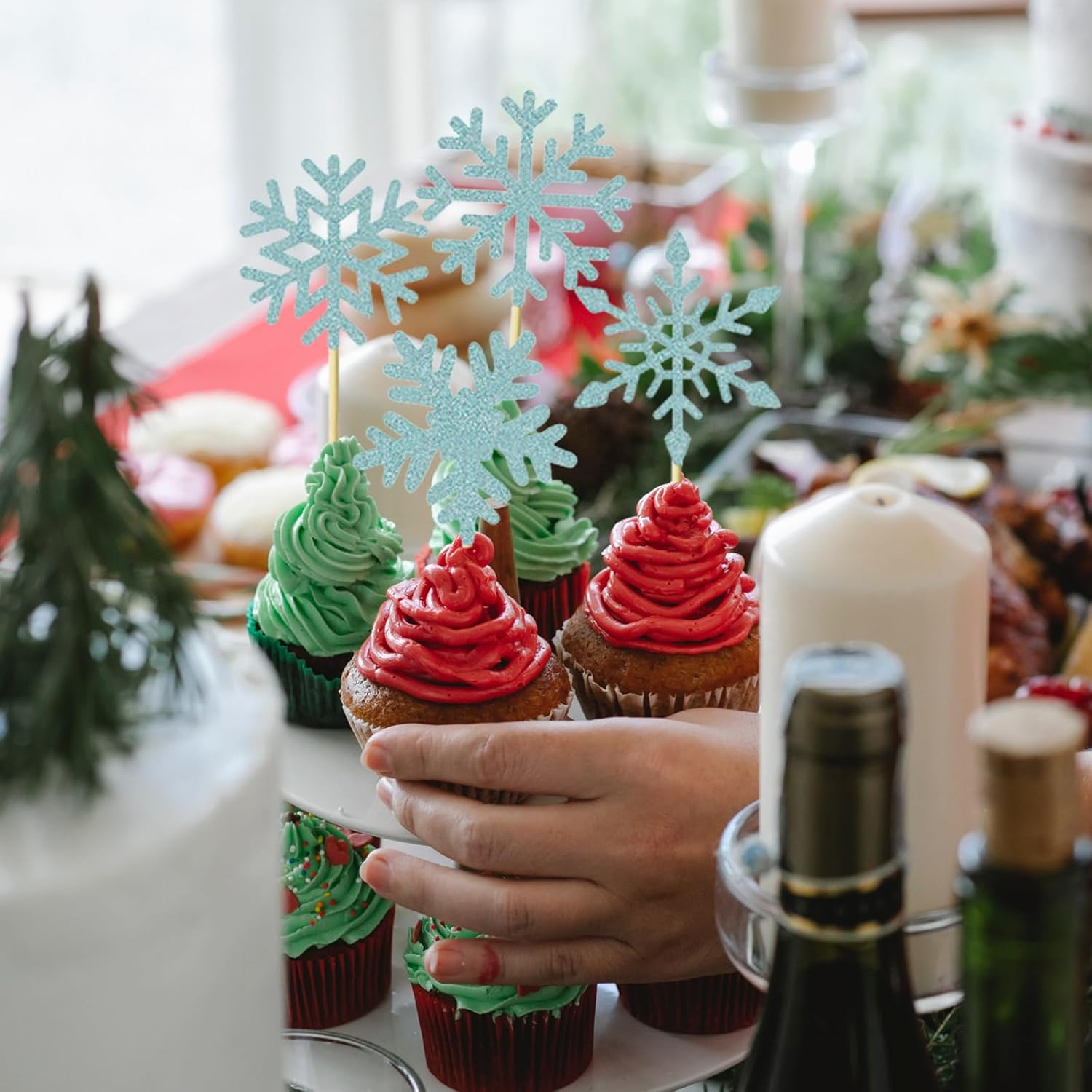 24Pcs Snowflake Cupcake Toppers Blue Glitter Winter Frozen Theme Snowflake Cupcake Picks Baby Shower Kids Birthday Christmas Party Cake Decorations Supplies image number 5