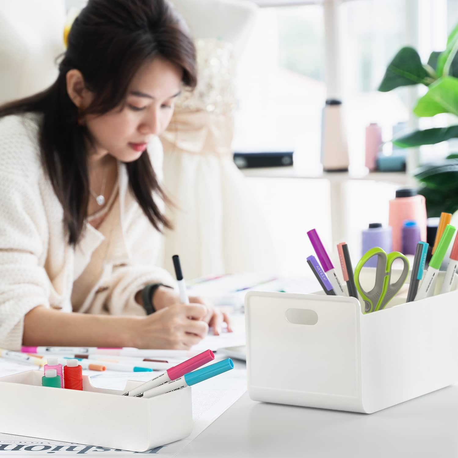 ARTEZA Small Desk Organizer with Drawer &ndash; Portable Dresser & Desk Caddy with Desktop Pen Holder &ndash; Office Desk Accessories &ndash; Lightweight Classroom & Office Organization and Storage, Modern White image number 6