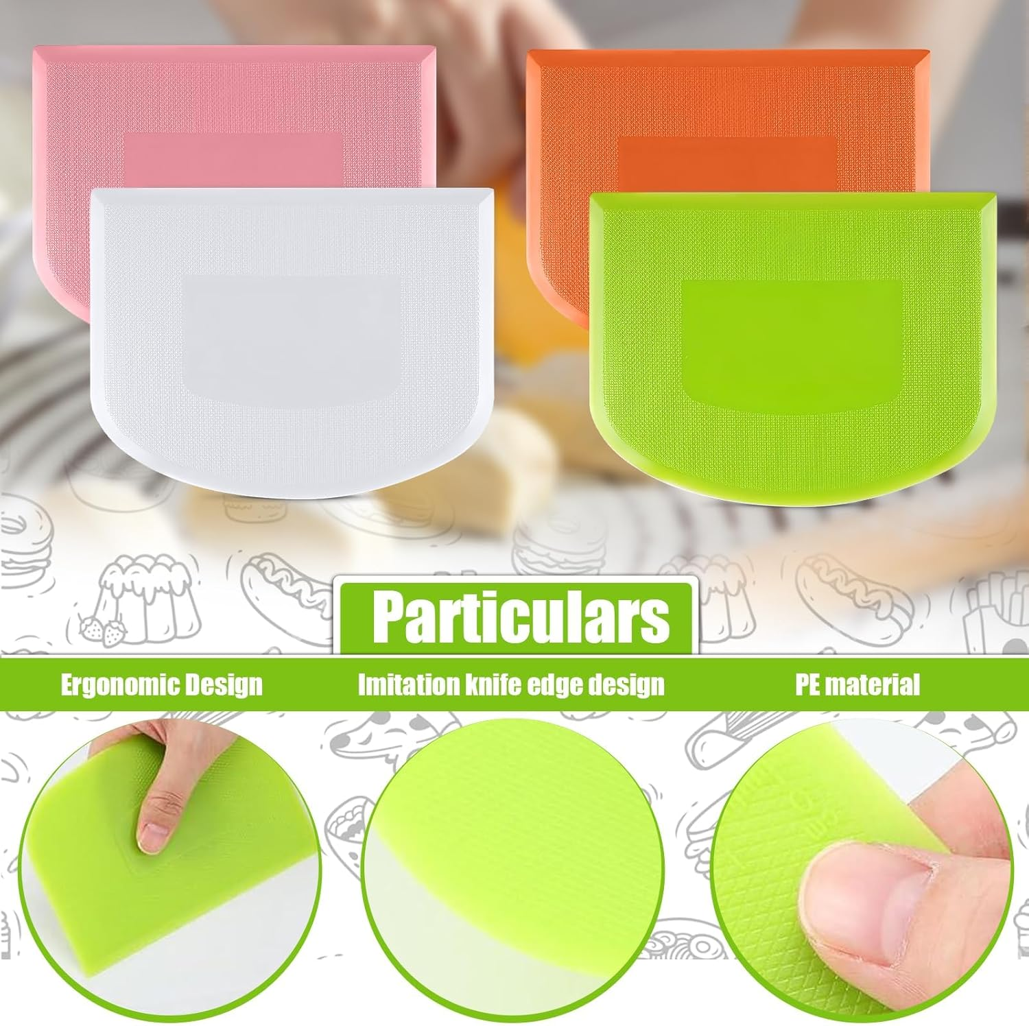Dough Scraper, 4 Pcs Plastic Dough Cutter Bench Scraper, Multipurpose Food Scrappers for Cake Decorating Baking (Pink, Green, White, Orange) image number 6