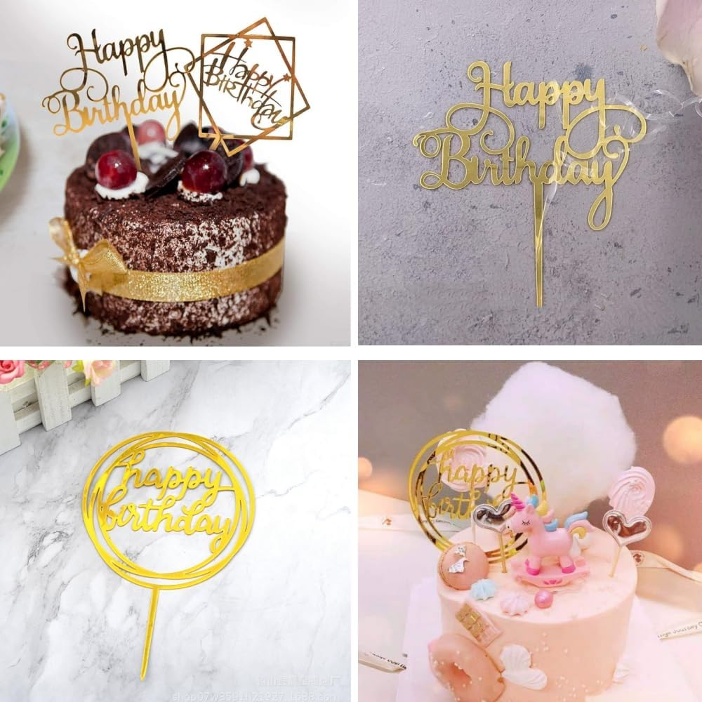 Changyeah Happy Birthday Cake Topper,12 Pieces Acrylic Cake Topper,Happy Birthday Gold Cake Topper Set, Birthday Decoration for Children and Adults image number 3