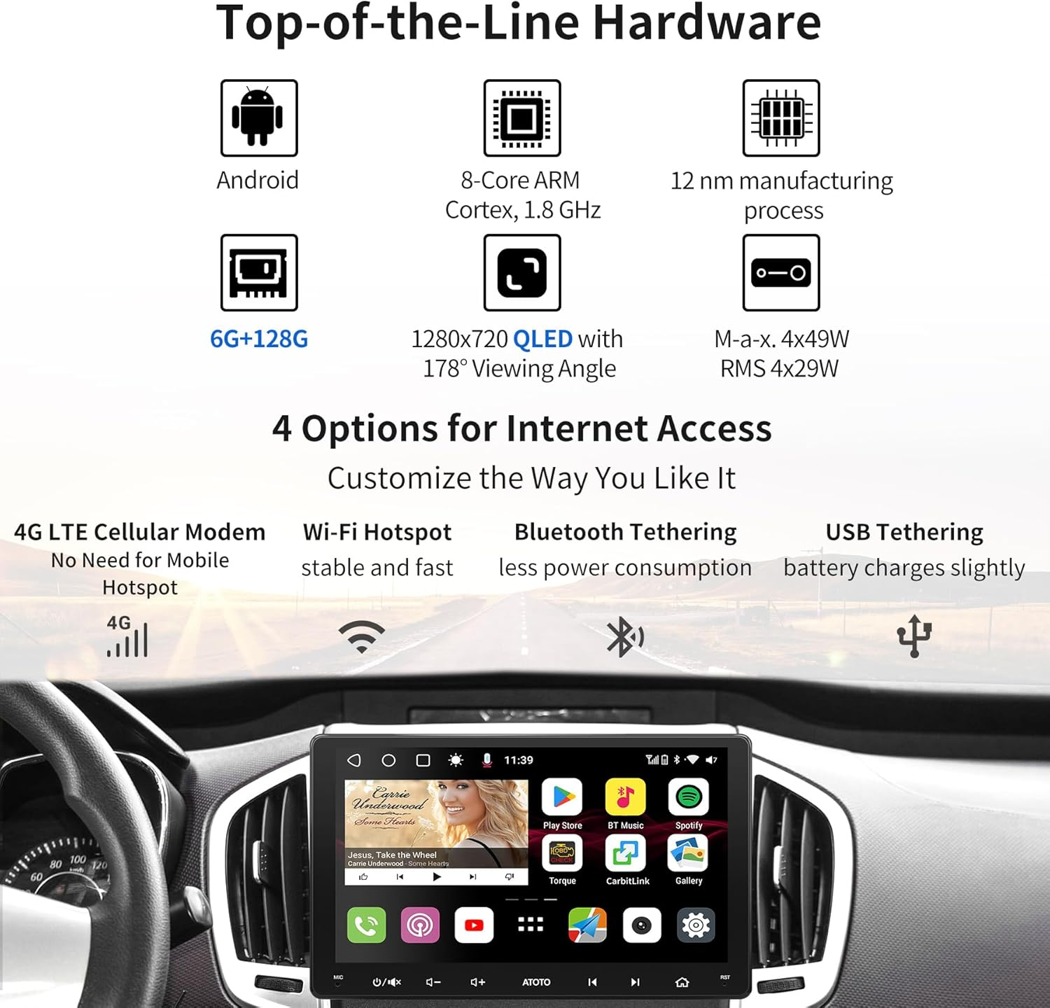 ATOTO S8 UN 9" QLED Android Double Din Car Stereo, 6+128GB, Built-In 4G/Wifi, Dual Bluetooth W/Aptx HD, Wireless Carplay & Android Auto, DSP&4 * 49W Amp, SCVC&LRV, GPS Tracking, S8G2099UN image number 3