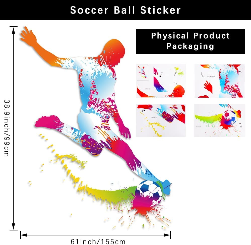 LZYMSZ Soccer Ball Sticker, 38.9&times;61Inch Football Wall Stickers, Watercolor Soccer Player Art Decal for Boy Walls, Living Room, Bedroom, Home Decor image number 2