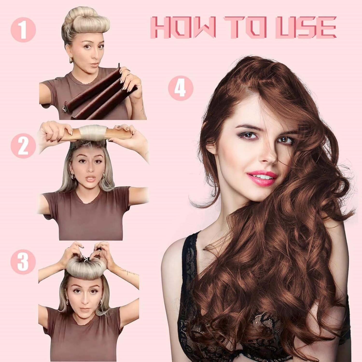Heat Free Curls - 3 Piece Set Overnight Blowout with Satin Curlers for Long Hair | Pink image number 4