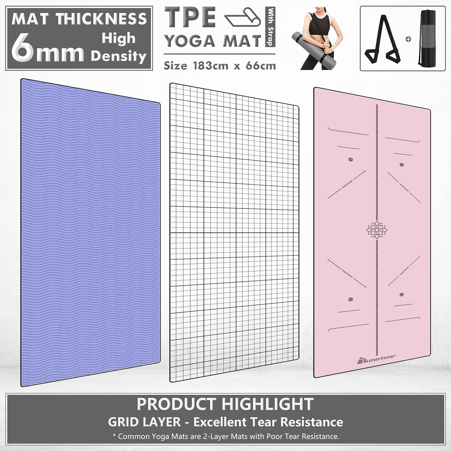 METEOR Essential 6Mm Dual-Tone Yoga Mat with Alignment Lines, TPE Yoga Mat Non-Slip Textured, High-Density Padding for Knee Comfort, Perfect for Yoga, Pilates and Fitness Exercise image number 3