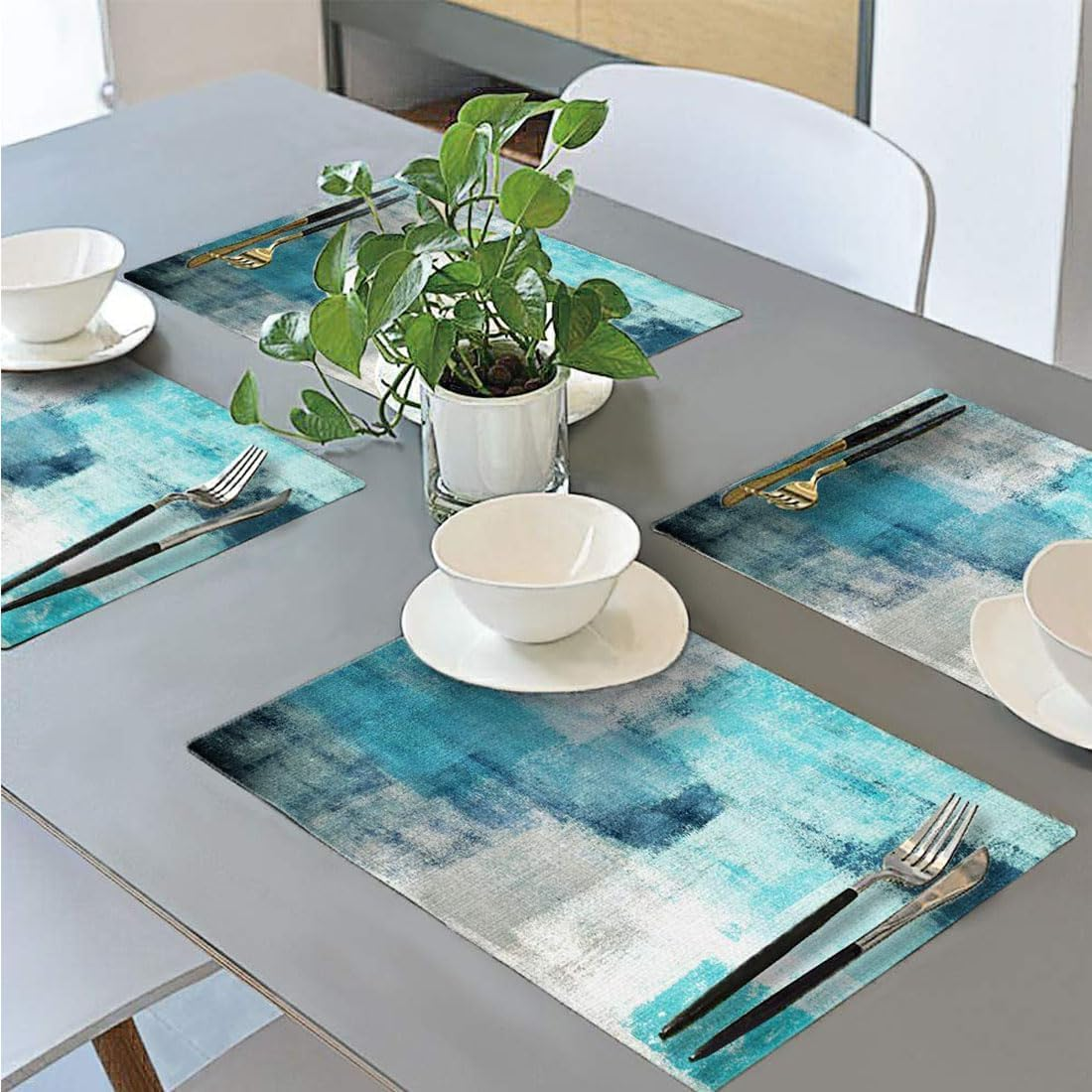 Linen Placemats Set of 4, Washable Modern Style Art Place Mats Set, Heat Resistant Non-Slip Table Mats Linen Teal Placemat for Cafe Dining Table Home Kitchen Decor (Turquoise Grey) image number 4