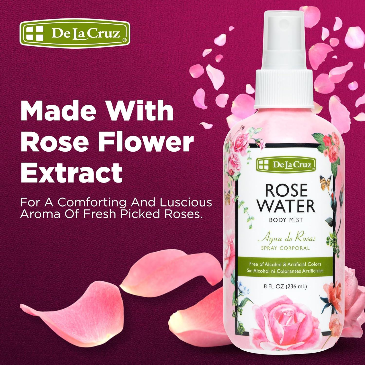 De La Cruz Rose Water Body Mist - Rosewater Spray for Face, Skin and Hair 8 Fl Oz (3 Bottles) image number 6
