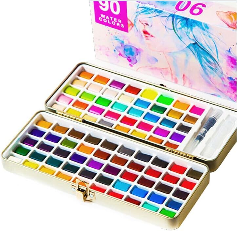 12-90 Watercolour Paint Set with Brush Painting Water Colour Art Artist Kits with Refillable Water Brush and Sponge, Portable Iron Case