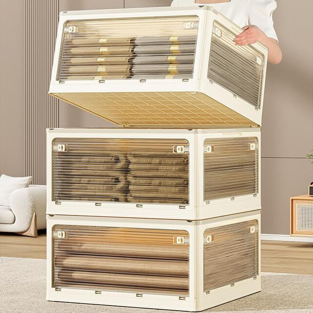 3 Pack Collapsible Storage Bins with Lids, 40L Stackable Storage Bins for Closet Organizers Plastic Clothes Organiser Container with Wheels Book Organizer for Home Office Dorm image number 6