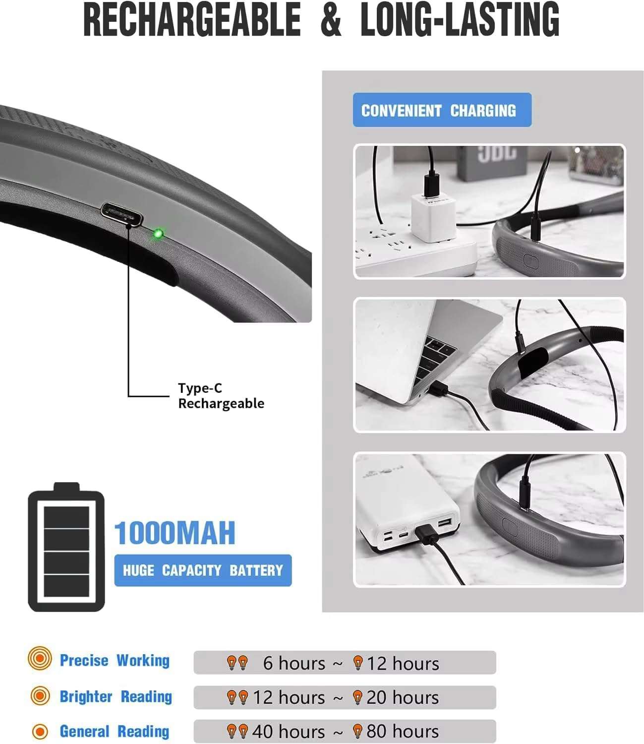 Neck Light, Rechargeable Reading Light, 3 Colors 9 Stepless Brightness, Book Light with a Lock, Timer and Sleep Aid, Ergonomic Design, Perfect for Reading, Camping, Knitting Craft (Pink) - Silver Gray image number 5