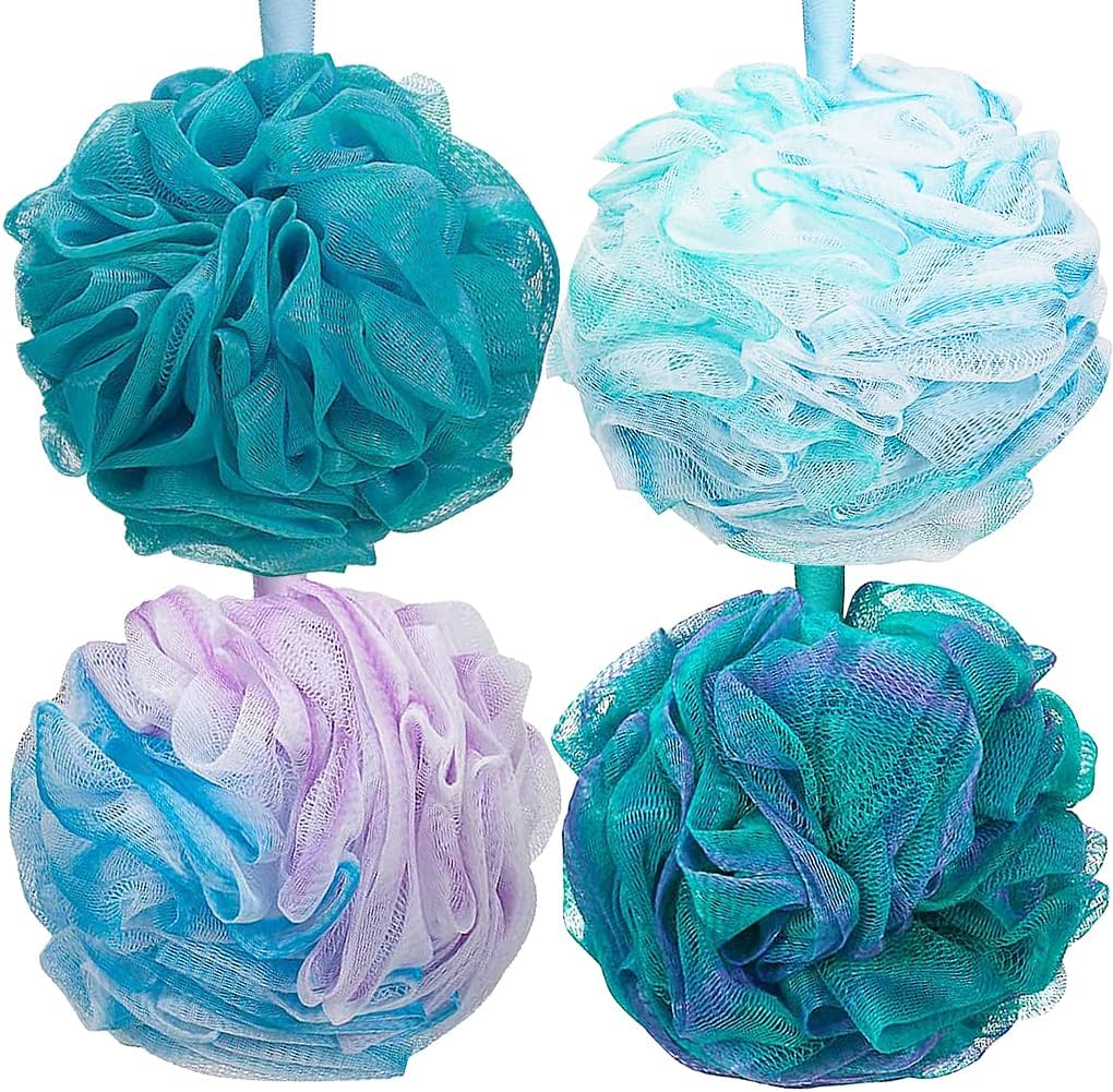 Vivva 4Pack 15Cm Bath Shower Sponge Loofahs Mesh Brush Shower Pouf Ball Shower Essential 75G/Pcs for Body Wash Bathroom Men Women Kids Scrubber Exfoliating (Green-Purple) image number 1