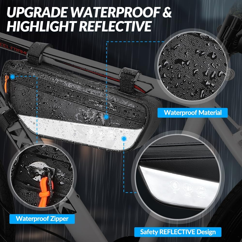 WOTOW Bike Frame Bag - Waterproof Bike Triangle Bag with Side Pocket - Reflective Bicycle under Tube Storage Pouch for Road Mountain Bike Cycling Travel