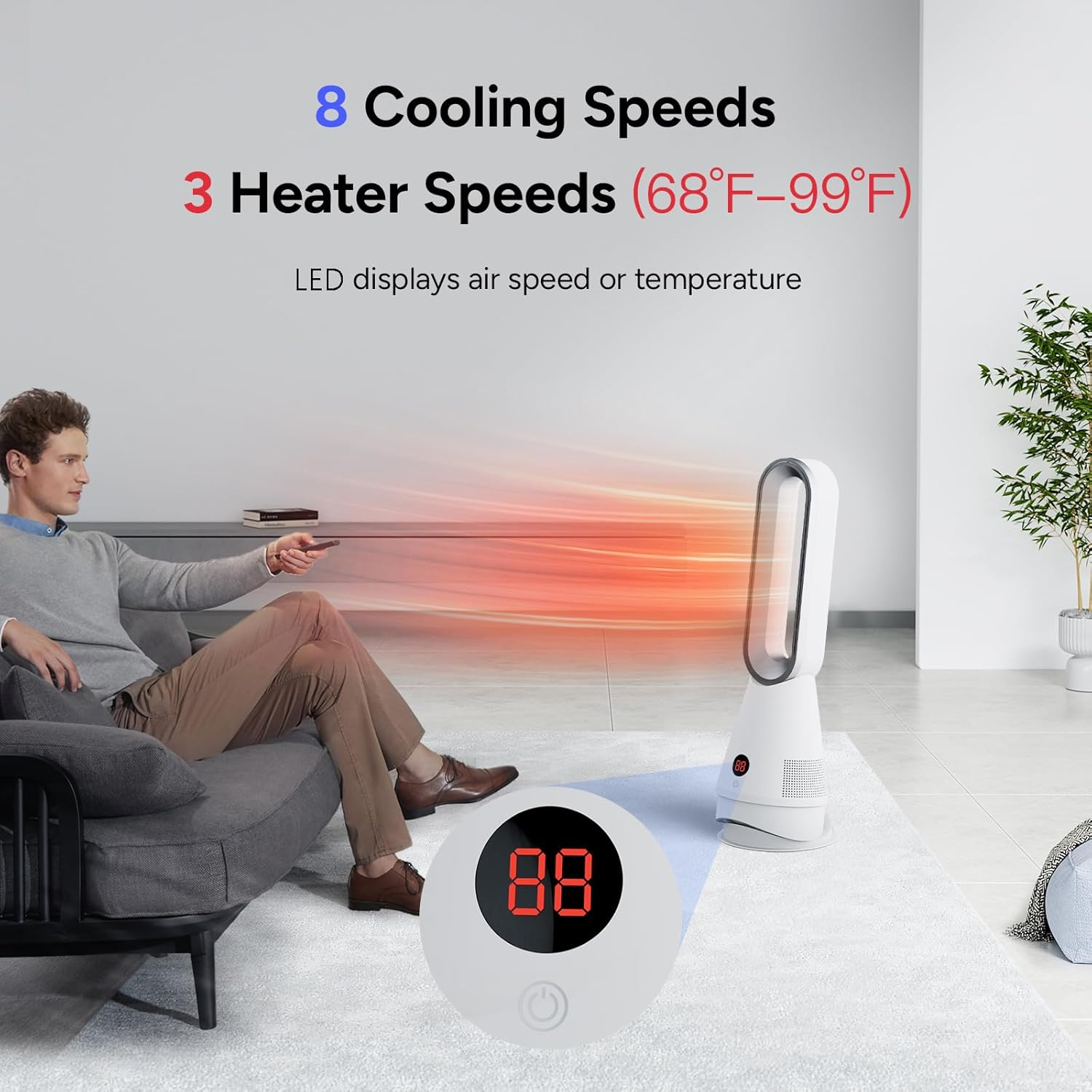 Bladeless Heater Fan, 25Inch Heating & Cooling & Filter Combo Tower Fan 80&deg; Oscillating, 9H Timer, 8 Speeds, Portable Quiet for Indoor, Bedroom, Home Office Room image number 3