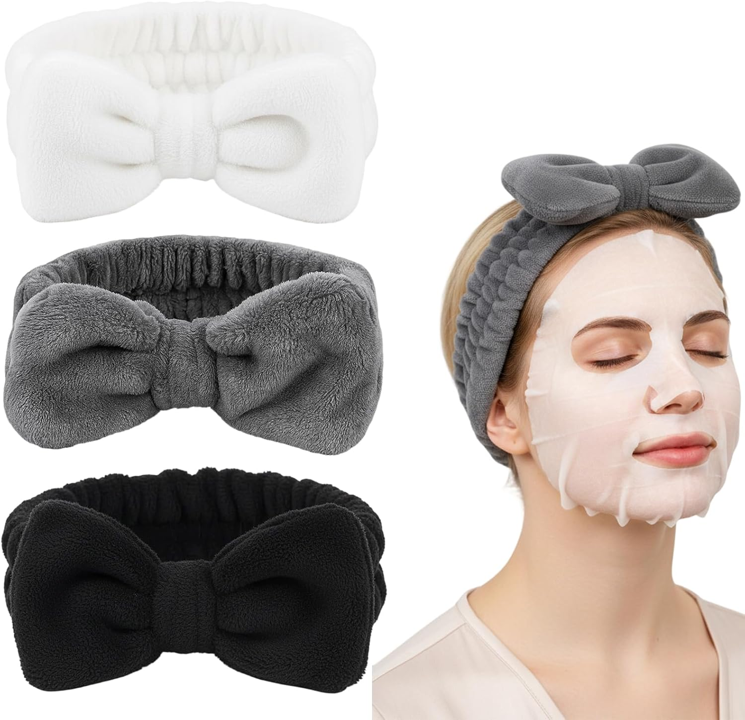 Spa Headband, 3 Pack Soft Skincare Headbands for Women, Makeup Headband for Washing Face, Facial Headband for Yoga, Spa and Travel, Grey Black White image number 4