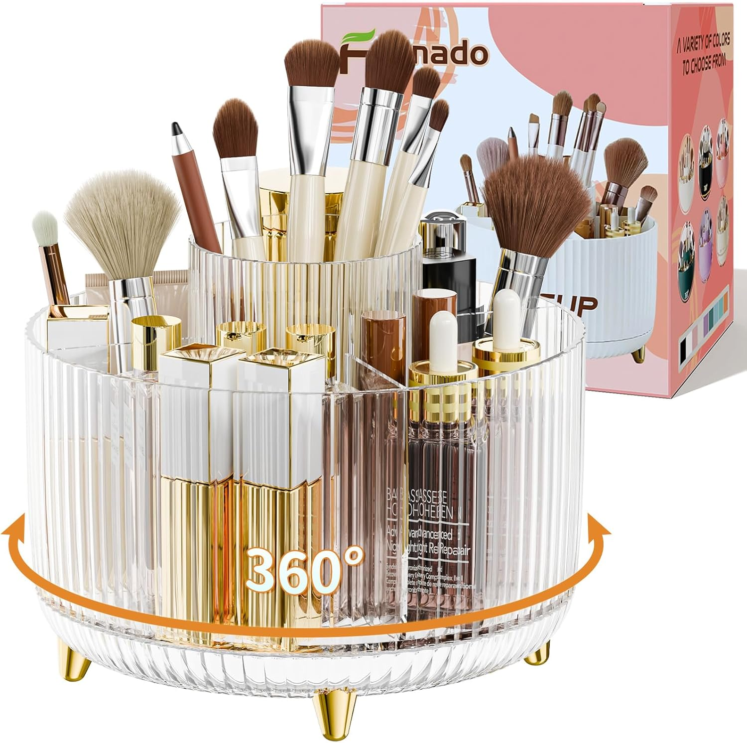 Fanado 360&deg; Rotating Makeup Organizers Countertop, 5 Slot Makeup Brush Holder Organizer for Cosmetics, Skincare Storage Beauty Holder for Eyeliner Lipstick on Bathroom Vanity(Clear Amber)