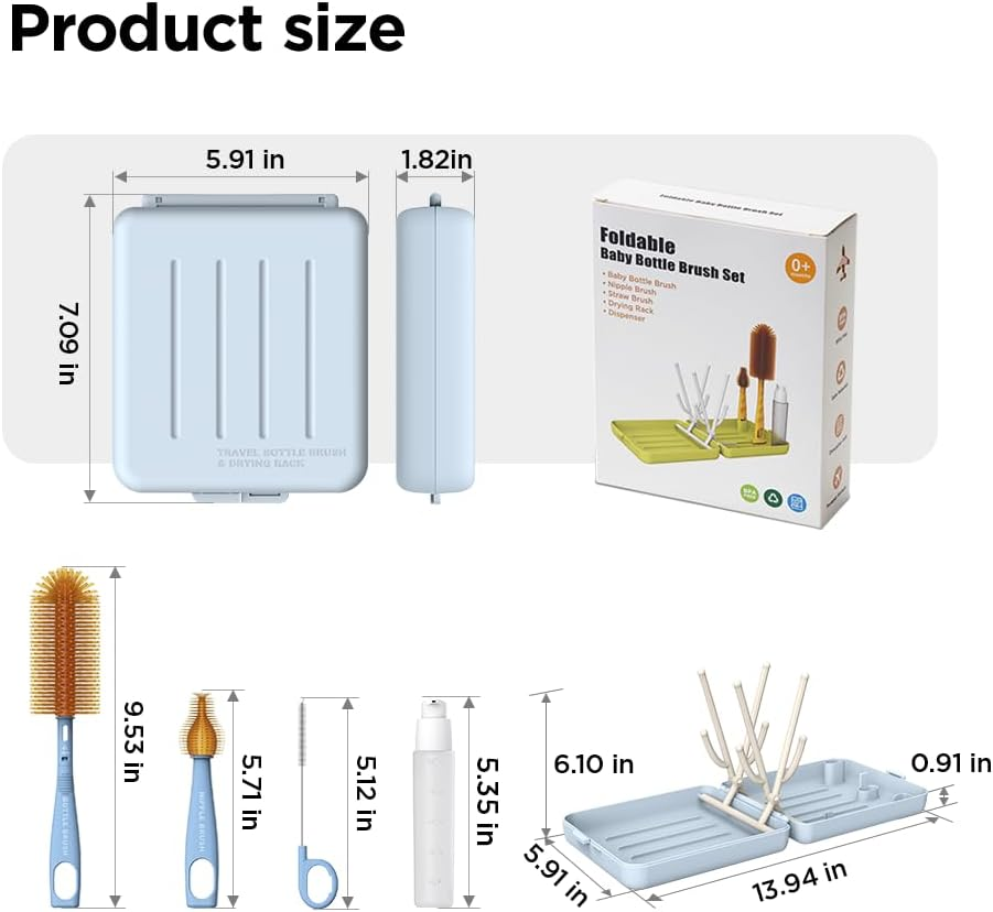 YOTIME Travel Bottle Brush, Travel Bottle Cleaner Kit with Foldable Bottle Drying Rack, for Visit Friends and Relations, Baby Travel Essentials, BPA Free, Blue - Green image number 5