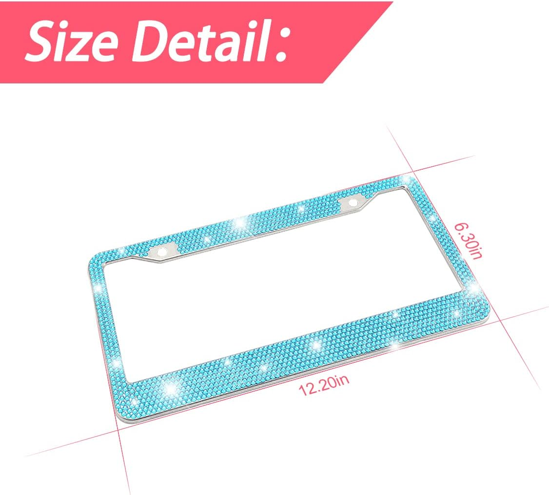 Bling Car License Plate Frame, Sparkly Rhinestone Stainless Steel License Plate Cover/Holder, Universal for Most Cars, Suvs, Vehicles with Screw Set, Auto Accessories for Women (Light Blue)
