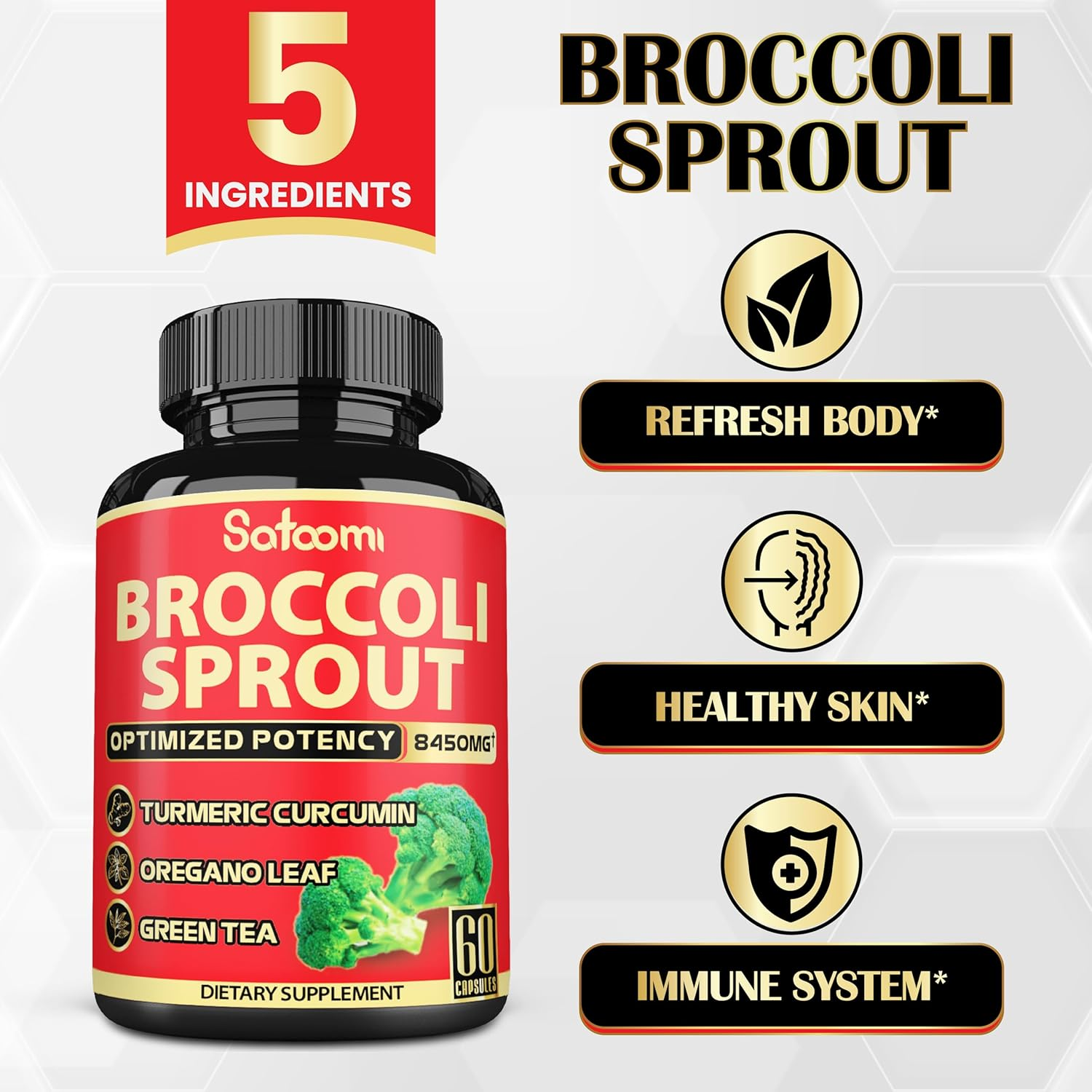SATOOMI 1Pack 60 Caps for 2 Month Supply - Broccoli Sprouts Extract Complex with Turmeric, Oregano, Green Tea, and Black Pepper - 5 Herbs image number 3