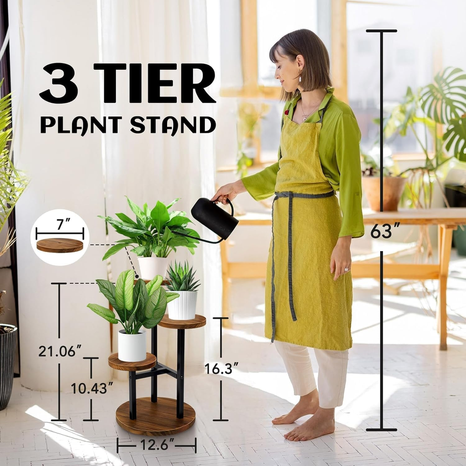 3 Tier Plant Stand, Tall Metal Wood Shelf Holder for Indoor, Outdoor Display Rack Flower Pot Stand for Corner Living Room Balcony Garden Patio image number 3