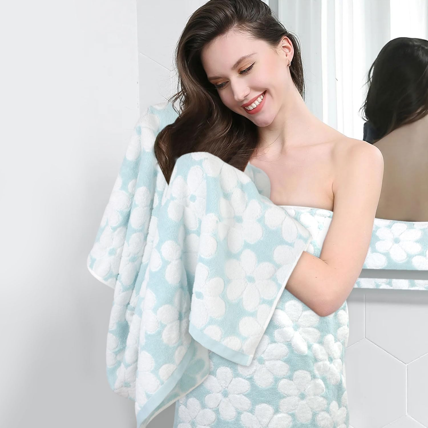 Cotton Towels for Bathroom Decor with Floral Jacquard, Super Soft and Absorbent Bath Towel Set of 2, Large Size 27.5X55 Inches image number 4