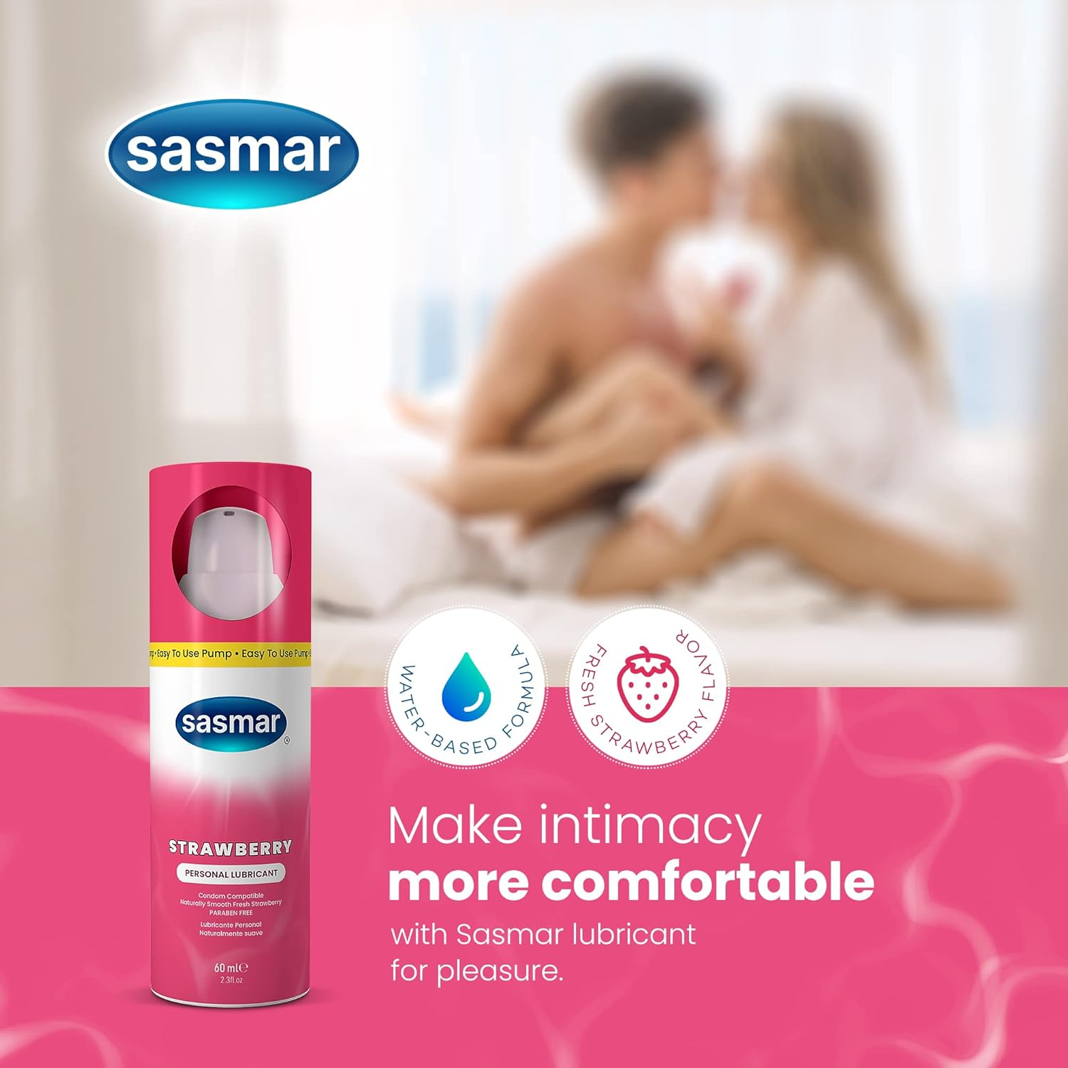 Sasmar Strawberry Flavored Lubricant - Water Based Personal Lube for Men, Women - Feels Natural, Long Lasting Formula, Paraben Free, Toy-Friendly and Condom Safe, Oral Lubricant for Couples - 60 Ml