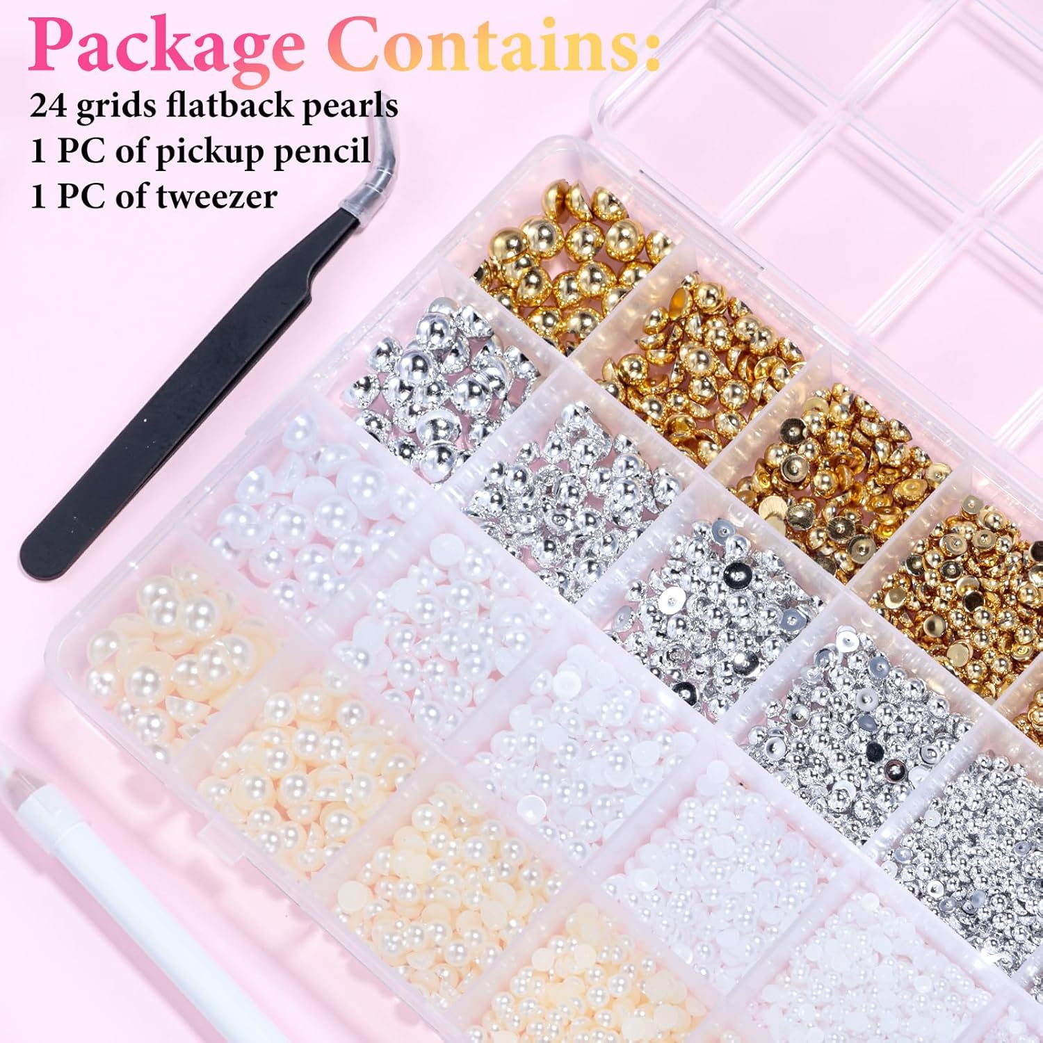 9000 Pcs Gold Silver Flatback Pearls for Crafting, Half round Nail Pearls, Silver Gold Nail Gems Beads, 2-8 Mm White Beige Pearls Beads for Nails DIY Jewelry Face Makeup with Pickup Pencil Tweezer image number 6