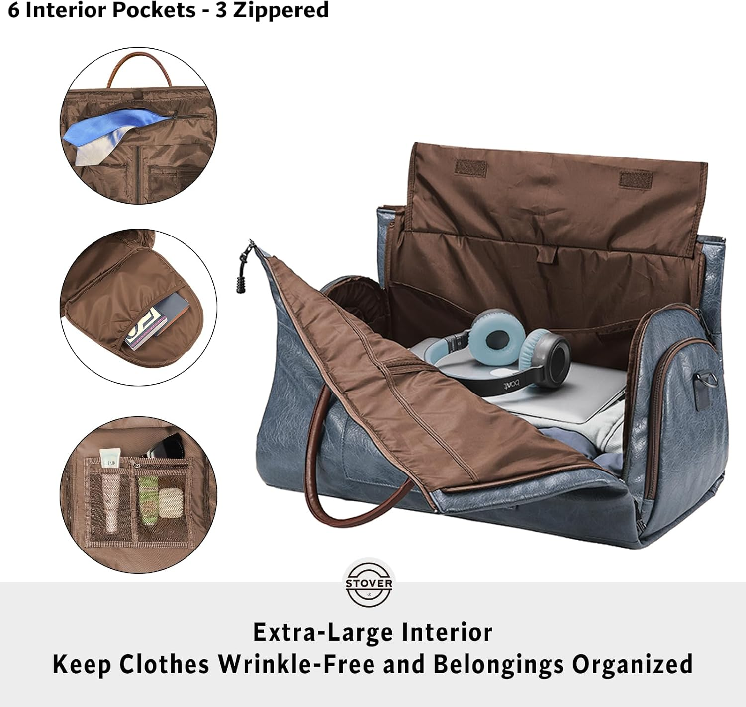 STOVER Garment Travel Duffle Bag, Large 2-In-1 Convertible Carry-On Luggage for Men & Women- Hanging Suits, Dresses & Clothes + Shoe Compartment- Weekender Tote Combo Duffel, Blue - Blue image number 5