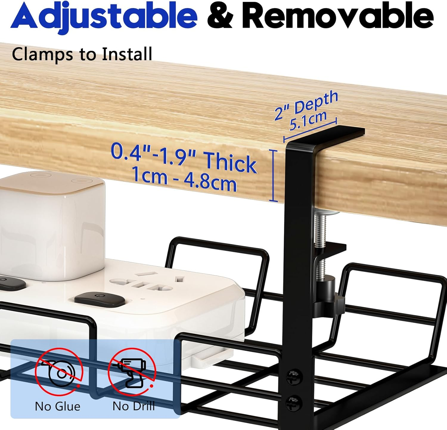 Under Desk Cable Management Tray - 2 Pack Metal Racks for Wire Organizer, Sturdy Basket for Office and Home Standing Desk, No Drilling image number 5