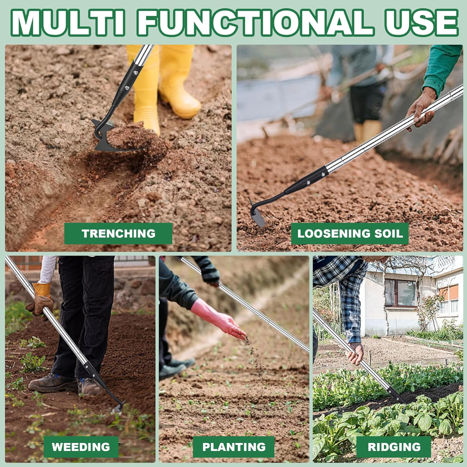 Warren Hoe, Carbon Steel Triangle Garden Hoe with Stainless Steel 57" Adjustable Long Handle, Heavy Duty Gardening Hand Tools Hoe for Ridging Weeding Digging Loosening Edging Soil, Balck image number 6