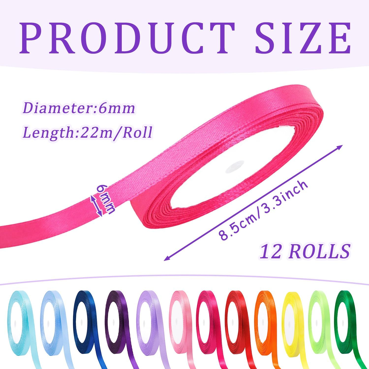 SYEYCW 12 Satin Ribbons Colourful, Polyester Satin Ribbon, 6 Mm &times; 22 M, Ribbon Silk Ribbon, Decorative Ribbon Fabric Ribbon Set, for DIY Art, Craft, Gift Packaging, Bows, Wedding Decoration