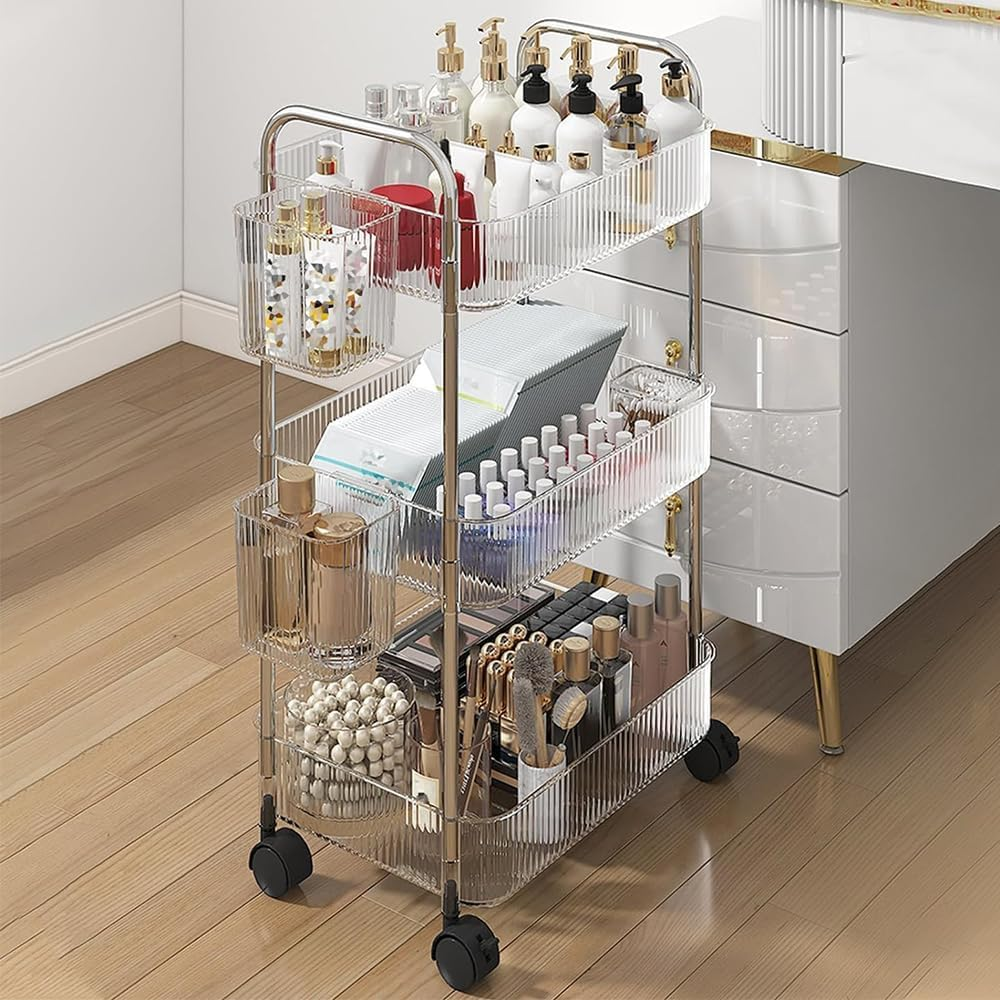 3-Tier Utility Rolling Cart, Organizer Shelves with 3 Baskets, Wheeled Makeup Trolley, Storage Rack, Mobile Utility for Office, Kitchen, Bathroom image number 6