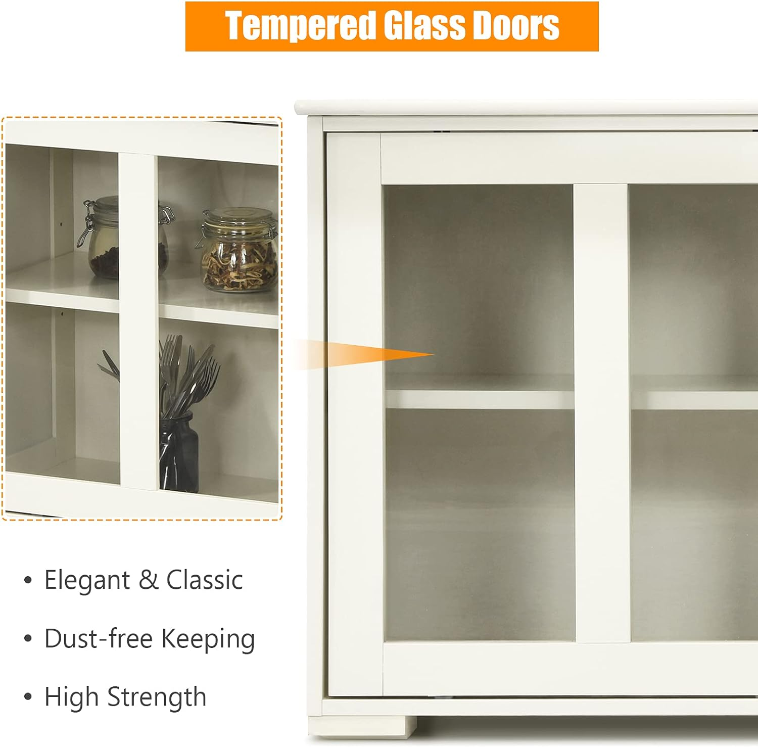 Giantex Kitchen Storage Sideboard, Buffet Storage Cabinet W/Adjustable Shelf, Dining Buffet Server Cabinet Cupboard with Glass Sliding Door Panels, Wooden Console Table for Home Kitchen (Beige) - Black image number 3