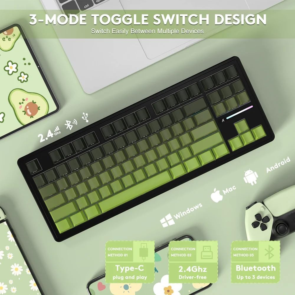 Attack Shark M87PRO TKL Wireless Mechanical Gaming Keyboard, BT 5.0/2.4G/USB-C Wired Hot Swap RGB Keyboard 80% US Layout, Linear White Switches Gradient Side Print PBT Keycaps for PC Mac - Matcha image number 5