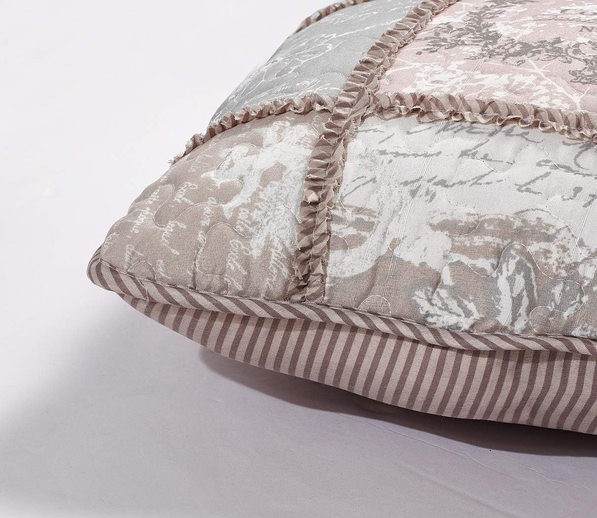 Brilliant Sunshine Latte Grey Paris and Toile Floral Patchwork Ruffle Pillowshams, Quilted Decorative Pillow Covers Set, Square Throw Cushion Cases for Couch, Chair, Bed, 18X18,Pack of 2, Latte Grey