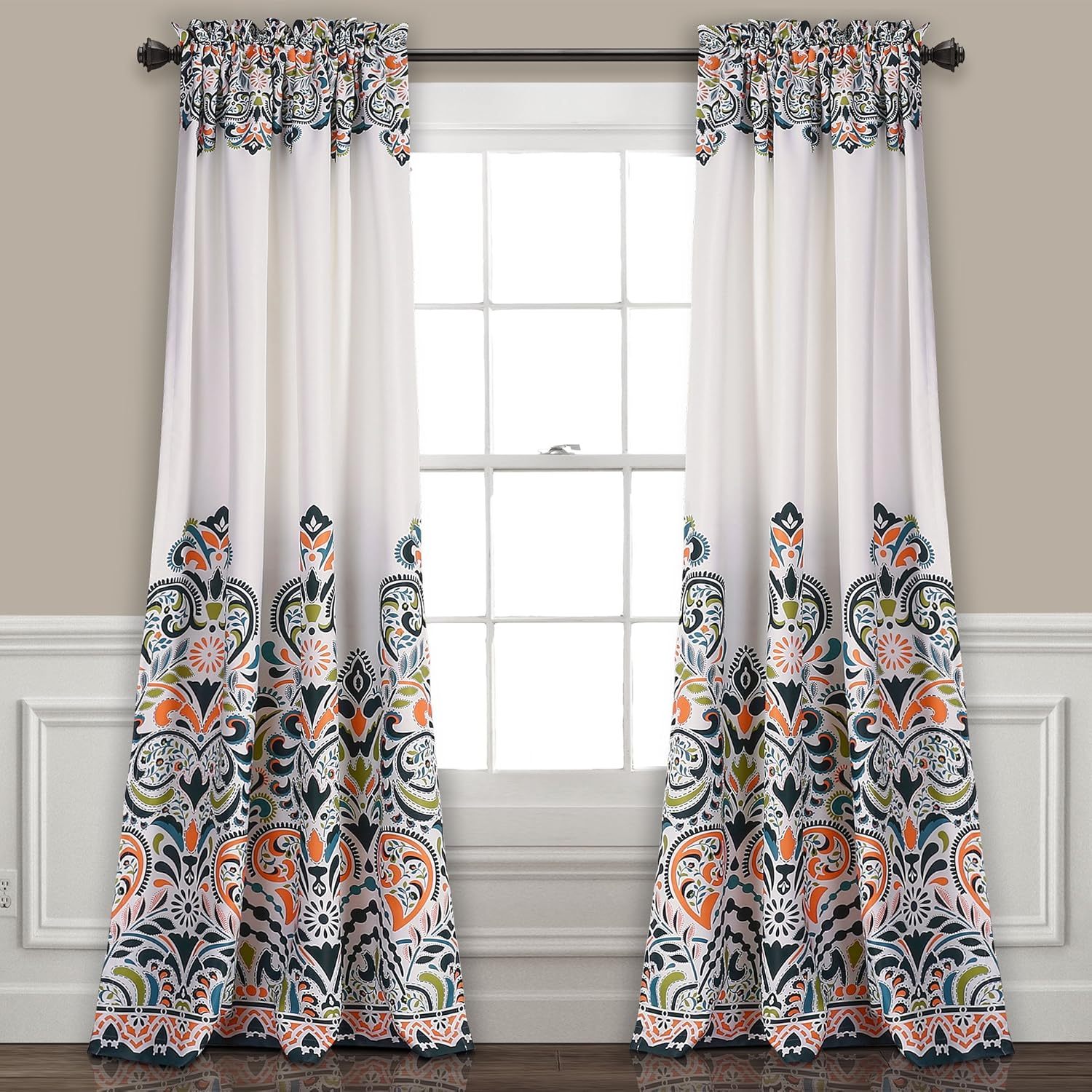 Lush Decor Clara Valance Paisley Damask Print Bohemian Style Single Curtain, Valance, Navy & Tangerine