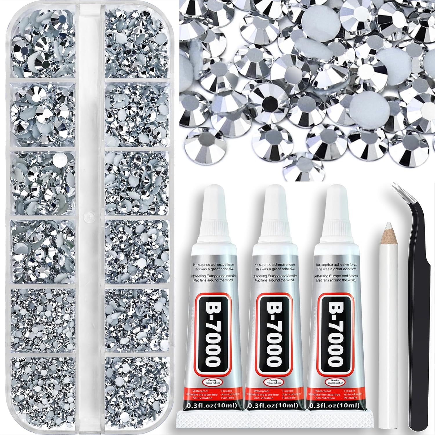 Towenm B7000 Clear Glue with 4000PCS Transparent AB Rhinestones for Crafts Clothing Fabric Shoes, Glue Fix Flatback Gems for Nails Face Jewelry, Mixed 5 Sizes 2Mm-6Mm Diamond Gemstones Bejeweled Kit image number 1