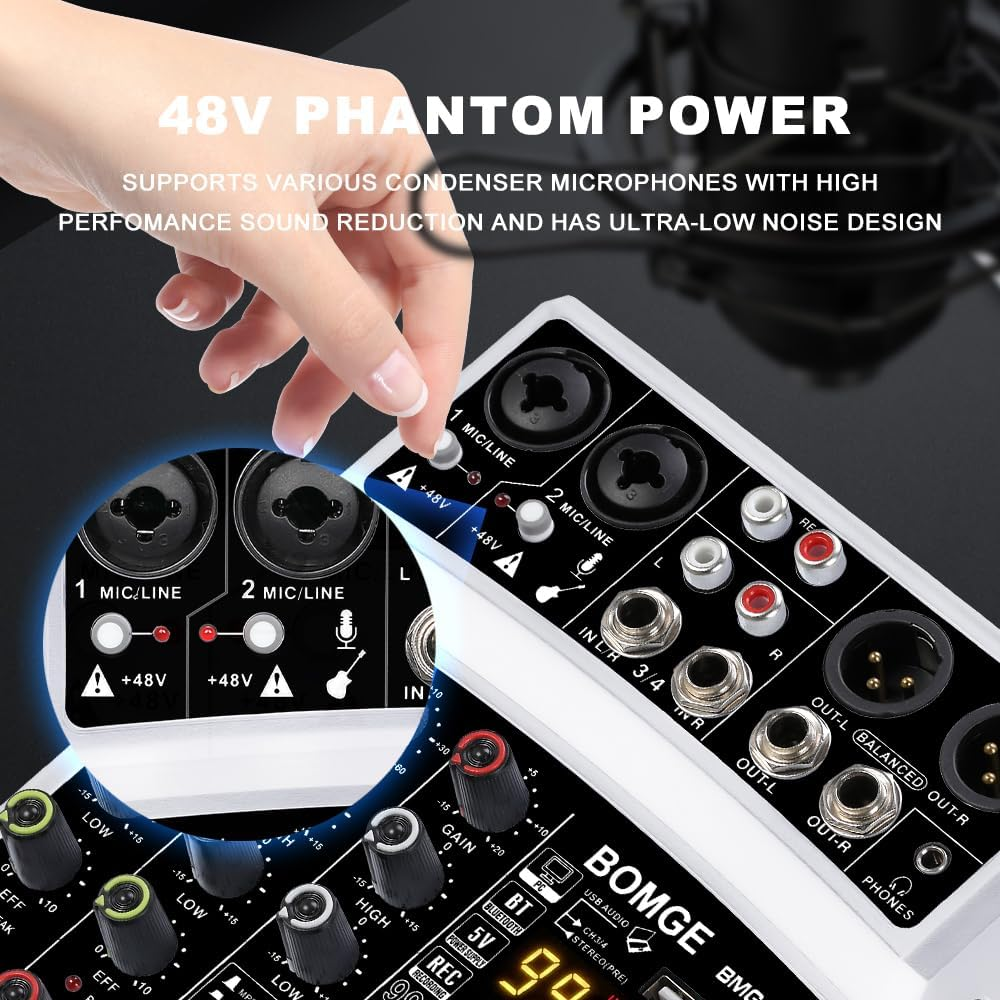 BOMGE 4 Channel 16 DSP Echo Dj Audio Sound Mixer Interface Mixing Console Karaoke with MP3 USB Bluetooth, Stereo Record(04D-White)