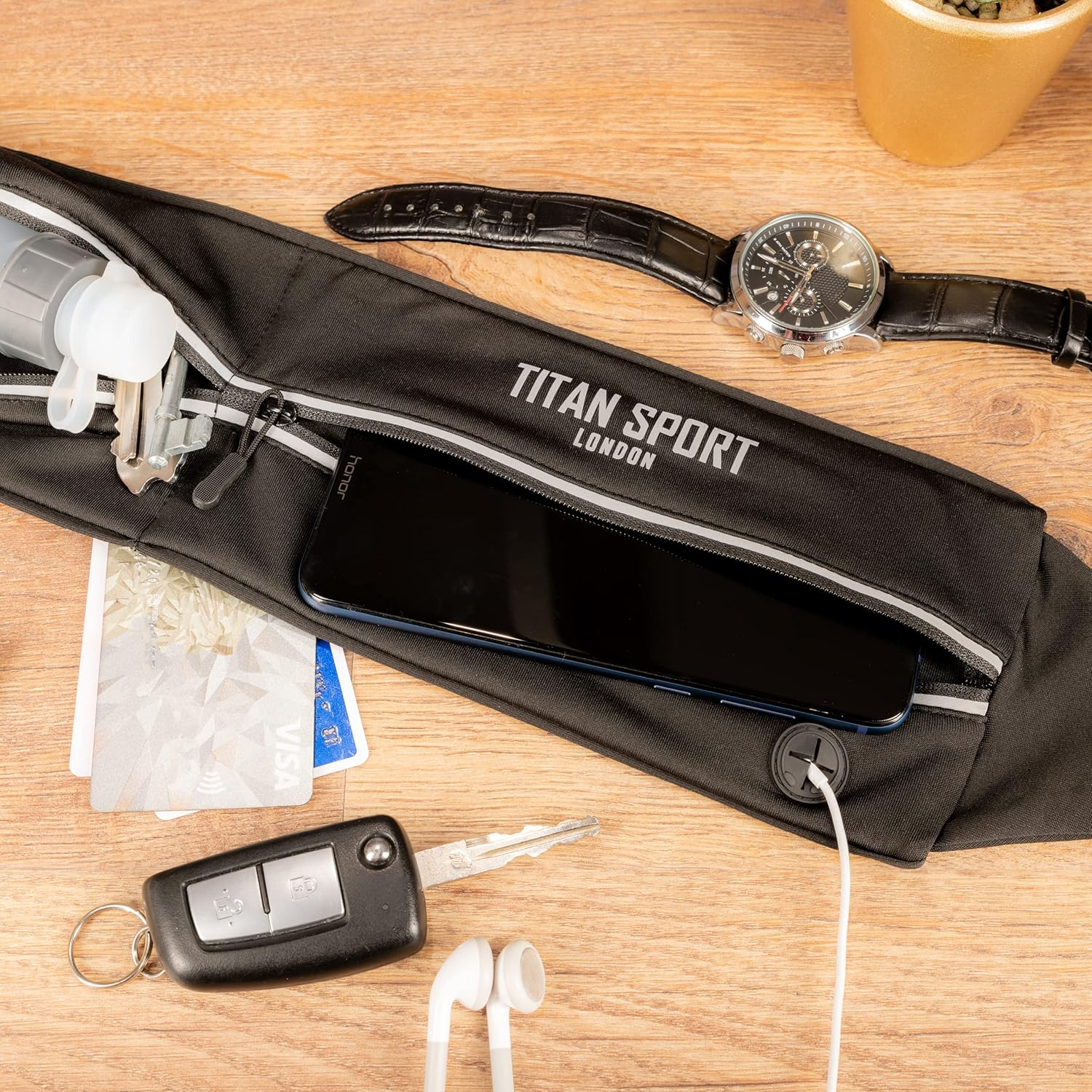 TITAN SPORT Running Belt Waist Bag Phone Holder with Ultra Slim Water Bottle (190Ml), Adjustable Sports Water Resistant Band with Two Pockets Fits Smartphones up to 7", Ideal for Men & Women&rsquo;S Fitness, Black, Ultra Slim Running Belt image number 2