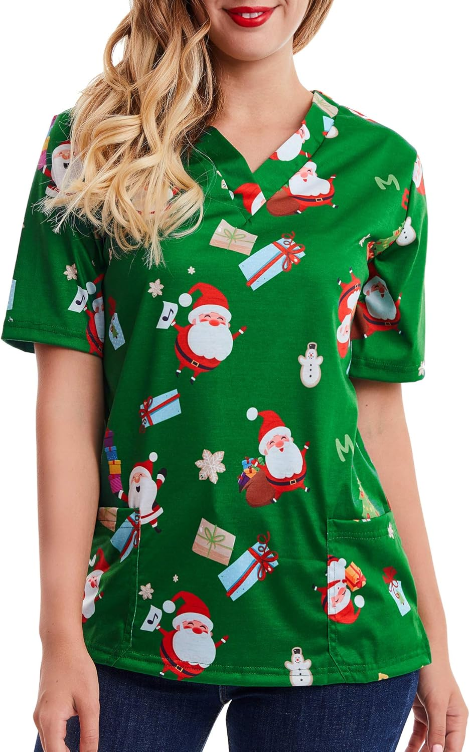 SATINIOR Women Mock Wrap Top Holiday Christmas Print Neck Shirt, Christmas Green image number 2
