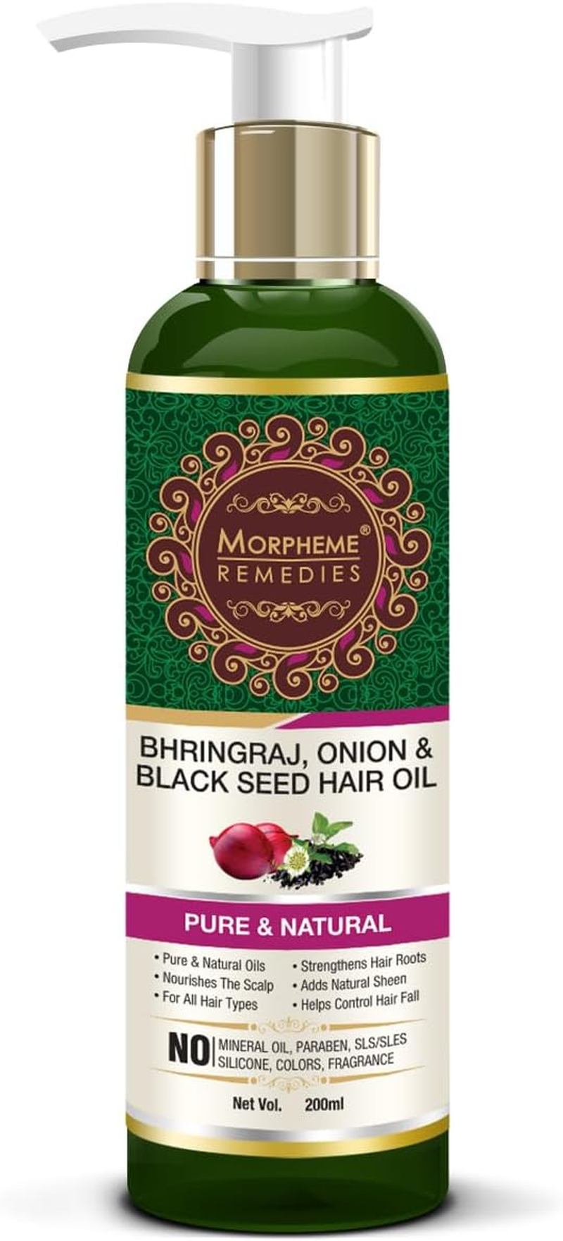 Morpheme Remedies Bhringraj, Onion & Black Seed Hair Oil - Promotes Hair Growth - Controls Hair Fall - No Mineral Oil & Silicones - 200Ml