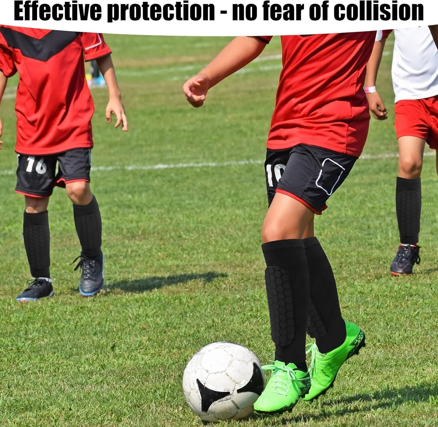 Honeycomb Compression Sleeve Shin Guards, Soccer Football Protective Pads, Calf Support, 1 Pair - Black, M image number 7