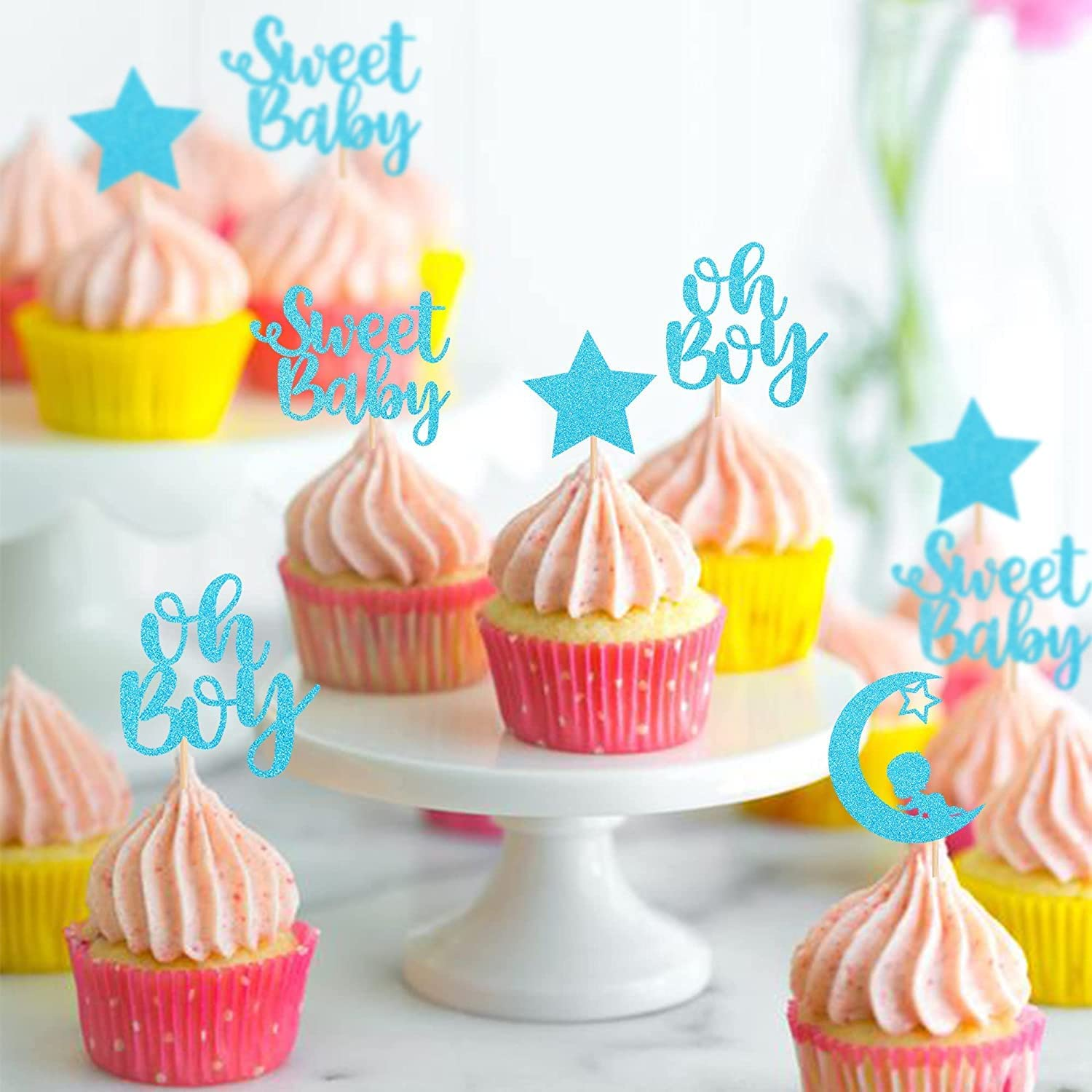 Confetti! 24 PCS Baby Shower Boy Cupcake Toppers with Moon Glitter Star Sweet Baby Boy Cupcake Picks Baby Shower Kids Boys Birthday Party Cake Decorations Supplies Blue - Sweet Baby Boy