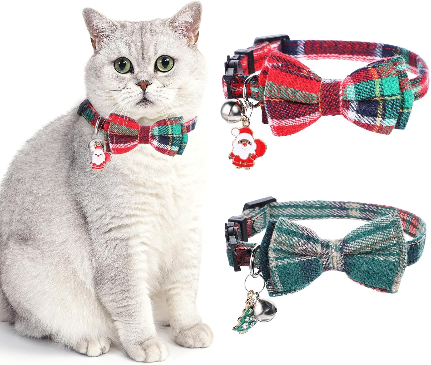 Prasacco Pack of 2 Christmas Cat Collars, 30 X 1 Cm, Adjustable Kitten Collar, Cute Cat Collar with Santa Claus, Christmas Tree, Small Bow and Bell (Green, Red) image number 1