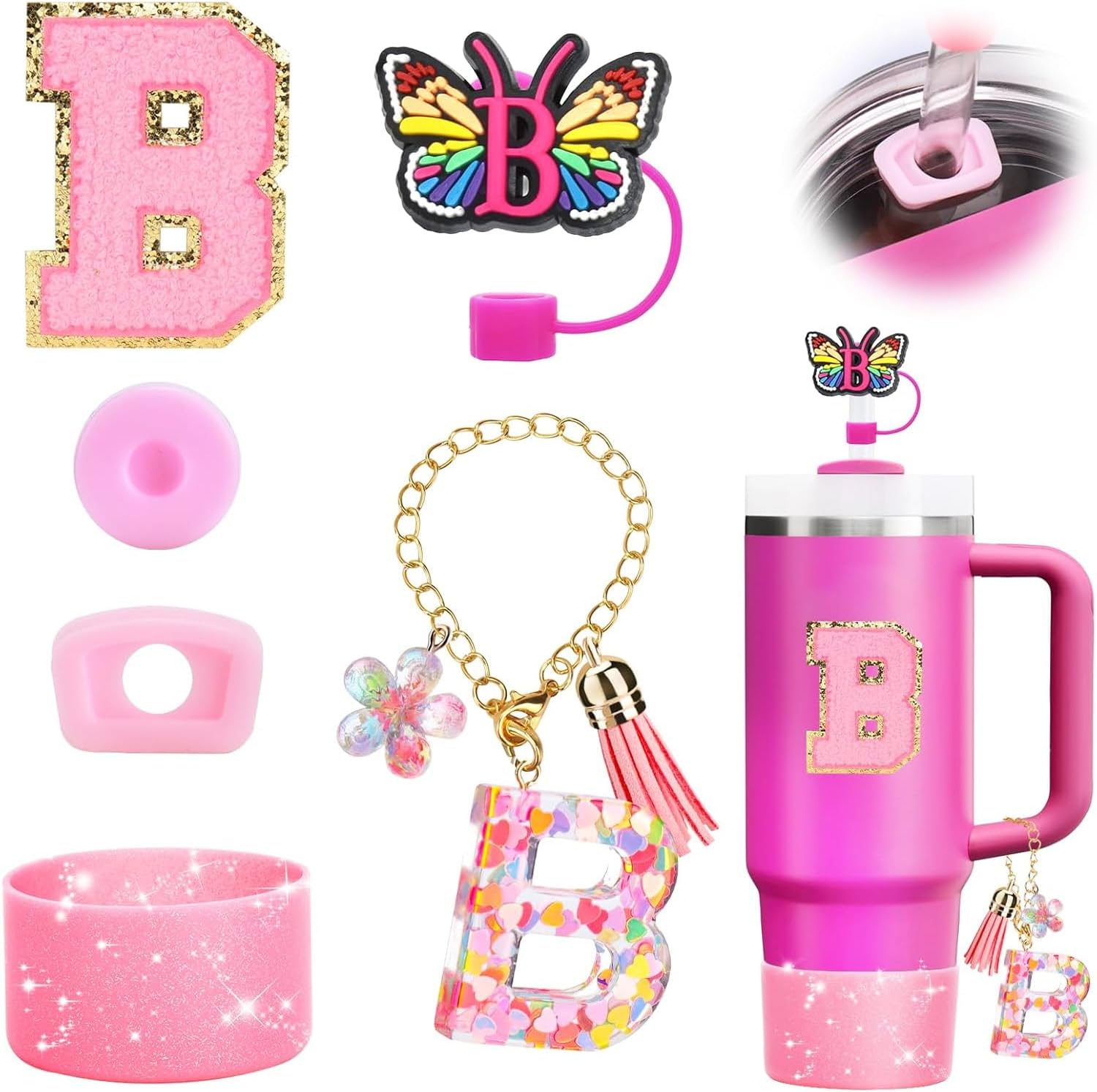 6PCS Cup Accessories Set for Stanley Cup 30Oz 40Oz,Tumbler Initials Decorations for Stanley,Including Silicone Straw Cover Cap and Boot,Spill Proof Stopper,Handle Charm,Sticker (Letter A)