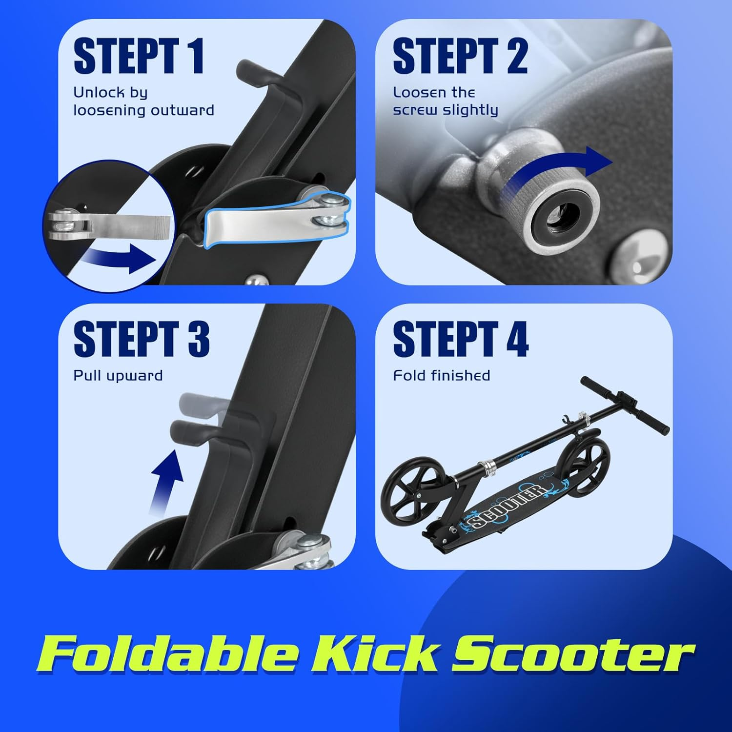 Advwin Kick Scooter Folding Scooter, 3 Adjustable Height for Ages 6+ Kid, Teens & Adults 20Cm PU Wheels Load 100Kg, Blue