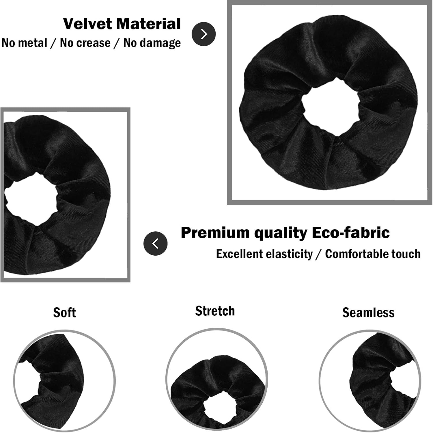 IVARYSS Scrunchies for Women, 12 Pcs Black Velvet Scrunchies for Hair, Soft Ponytail Holder for Girls, Classic Elastic Hair Bands image number 1
