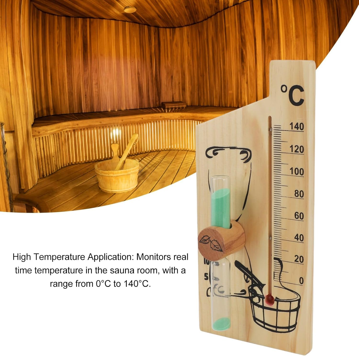 Sauna Thermometer Hourglass, Steam Room Sauna Thermometer and Hygrometer Golden Wooden Frame Double Table Wall Hanging Indoor Solid