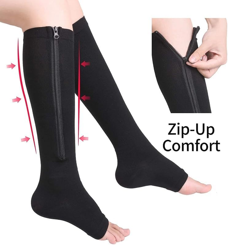 AIMALL Zip Compression Socks with Zipper, Open Toe Knee-High Leg Support Stockings for Swelling Relief, Varicose Veins, Travel & Sports, Unisex Design image number 1